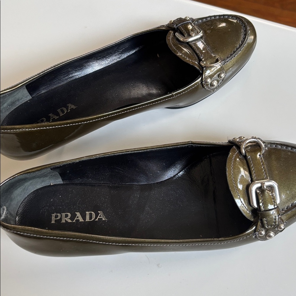 Prada Olive Patent Leather Loafers with Silver Hardware - Picture 2 of 8